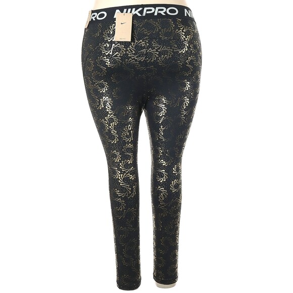 Nike Pro Dri-Fit Women’s 3X Leggings Black Metallic Gold Foil Logo AOP Mid Rise - Picture 5 of 9